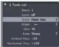 1 Texts sel Stave: 1 Lyric: off Style: Flam Text Align: Size: 10 Font: Times Vertical Pos: +20 Horizontal Pos: +120
