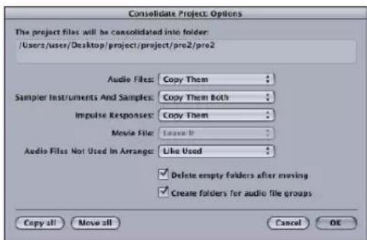 Consolidate Project Options The project files will be consolidated into folder: /Users/user/Desktop/project/project/pro2/pro2 Audio Files: Copy Them Sampler Instruments And Samples: Copy Them Both Impulse Responses: Copy Them Movie File: Leave it Audio Files Not Used in Arrange: Like Used Delete empty folders after moving Create folders for audio file groups Copy all Move all Cancel OK