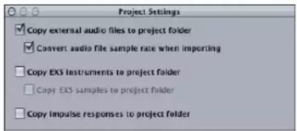 Project Settings ✓ Copy external audio files to project folder ✓ Convert audio file sample rate when importing □ Copy EXS instruments to project folder □ Copy EXS samples to project folder □ Copy impulse responses to project folder