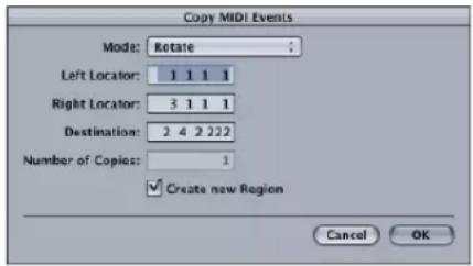 Copy MIDI Events Mode: Rotate Left Locator: 1 1 1 1 Right Locator: 3 1 1 1 Destination: 2 4 2 222 Number of Copies: 1 ✓ Create new Region Cancel OK