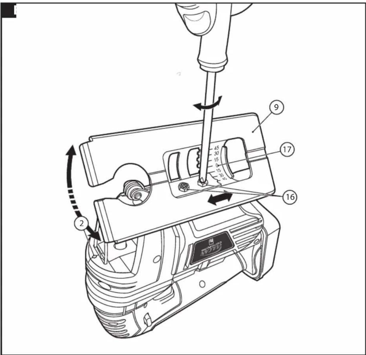 Technical diagram of a sewing machine with numbered parts and directional arrows indicating tool path and component positioning.