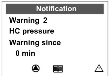 Notification Warning 2 HC pressure Warning since 0 min
