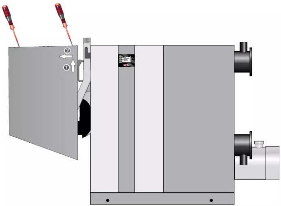 Technical diagram of a mechanical device with labeled parts and directional arrows indicating movement or assembly.