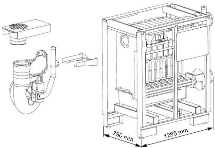 Technical diagram of a mechanical device with labeled dimensions: 790 mm and 1295 mm, showing internal components and piping connections.