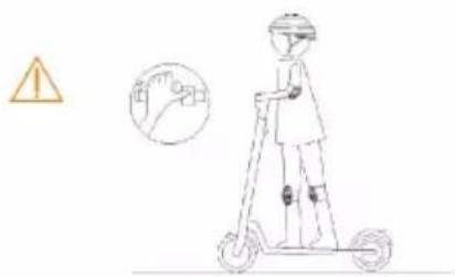 Safety warning illustration showing a person on a scooter with a warning symbol and hand gesture