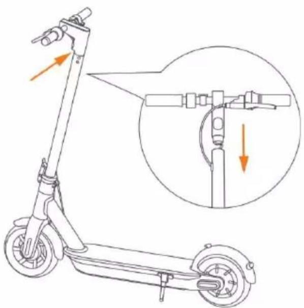 Technical diagram of a scooter with labeled components and directional arrows indicating motion or assembly.