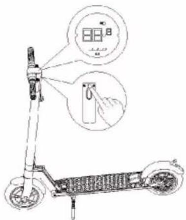Diagram of a scooter with labeled parts and control panel, showing hand positioning and display screen interface