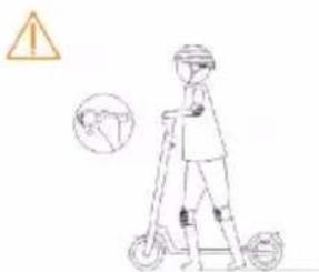 Safety warning illustration showing a person using a scooter with a warning symbol and a circular diagram of the person's foot.
