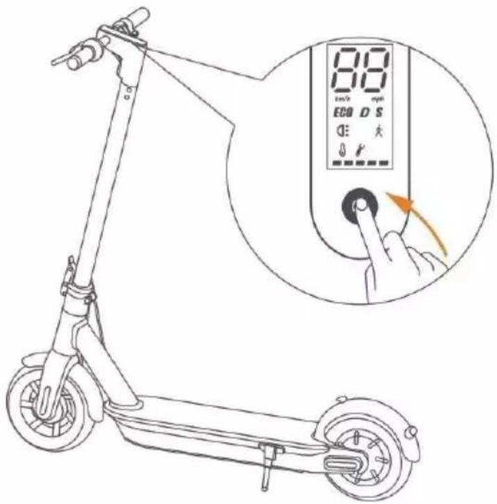 Diagram of an electric scooter with a digital display showing battery status and control buttons, including a hand pressing the button.