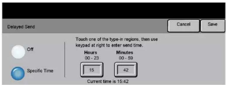 Delayed Send Off Specific Time Touch one of the type-in regions, then use keypad at right to enter send time. Hours 00 - 23 Minutes 00 - 59 15 42 Current time is 15:42 Cancel Save