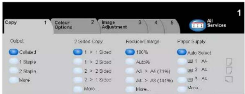 Copy 1 Colour 2 Image 3 4 5 All Services Output 2 Sided Copy Reduce/Enlarge Paper Supply Collated 1 > 1 Sided 100% Auto Select 1 Staple 1 > 2 Sided Auto% 1 A4 2 Staple 2 > 2 Sided A3 > A4 (71%) 2 A4 More 2 > 1 Sided A4 > A3 (141%) 3 A4 More... More... More...