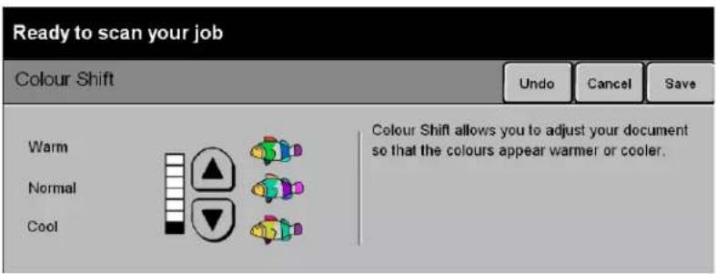 Ready to scan your job Colour Shift Undo Cancel Save Warm Normal Cool Colour Shift allows you to adjust your document so that the colours appear warmer or cooler.