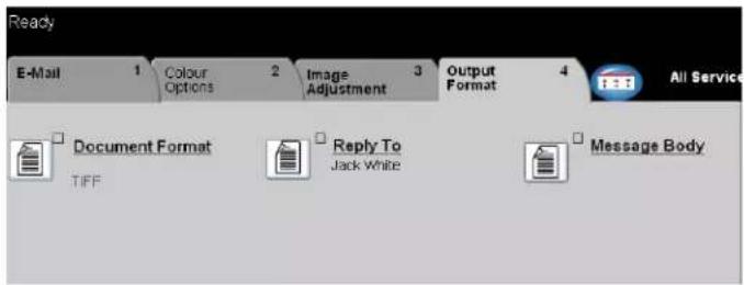Ready E-Mail 1 Colour Options 2 Image Adjustment 3 Output Format 4 All Service Document Format TIFF Reply To Jack White Message Body