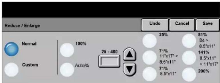 Reduce / Enlarge Undo Cancel Save Normal 100% 25 - 400 25% 81% B4 > 8.5"x11" 71% 11"x17" > 8.5"x11" 71% 8.5"x11" 8.5"x11" >11"x17" 200% Custom Auto%