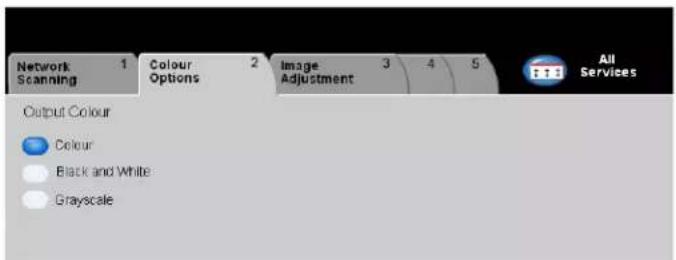 Network Scanning 1 Colour Options 2 Image Adjustment 3 4 5 All Services Output Colour Colour Black and White Grayscale