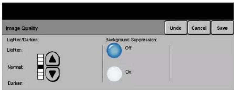Image Quality Undo Cancel Save Lighten/Darken: Lighten: Normal: Darken: Background Suppression: Off: On: