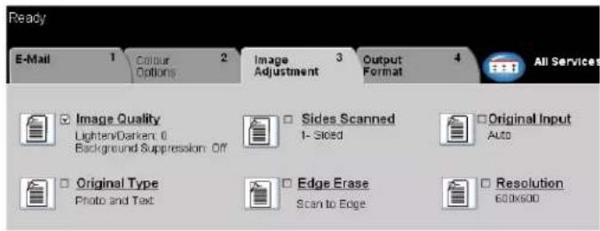 Ready E-Mail 1 Colour 2 Image 3 Output 4 All Services Image Quality Lighten/Darken 0 Background Suppression Off Original Type Photo and Text Sides Scanned 1-Sided Original Input Auto Edge Erase Scan to Edge Resolution 600x600