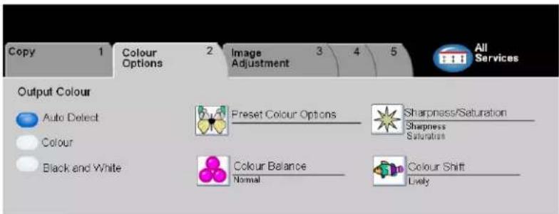 Copy 1 Colour Options 2 Image Adjustment 3 4 5 All Services Output Colour Auto Detect Colour Black and White Preset Colour Options Sharpness/Saturation Sharpness Saturation Colour Balance Normal Colour Shift Lively