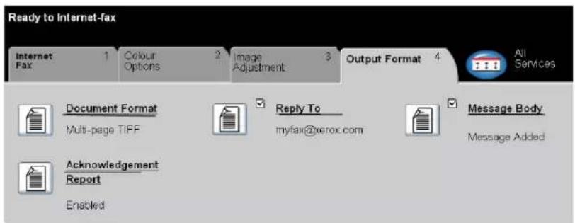 Ready to Internet-fax Internet Fax 1 Colour Options 2 Image Adjustment 3 Output Format 4 All Services Document Format Multi-page TIFF Reply To myfax@erox.com Message Body Message Added Acknowledgement Report Enabled