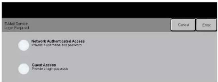 E-Mail Service Login Required Cancel Enter Network Authenticated Access Provide a username and password. Guest Access Provide a login passcode