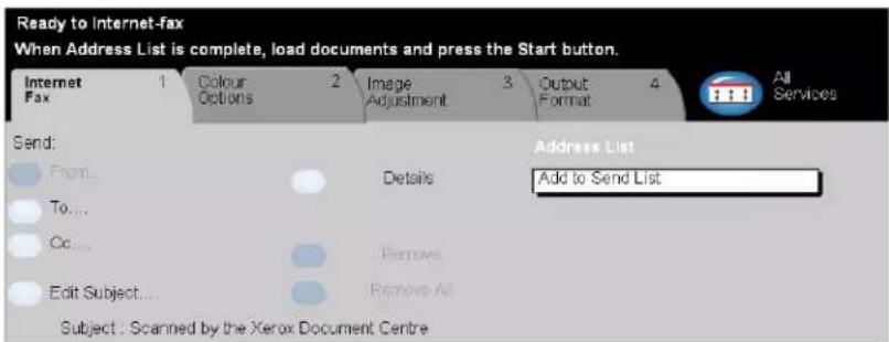 Ready to Internet-fax When Address List is complete, load documents and press the Start button. Internet Fax 1 Colour 2 Image 3 Output 4 All Options Adjustment Format Services Send: From... To... Cc... Edit Subject... Address List Add to Send List Details Remove Remove All Subject: Scanned by the Xerox Document Centre