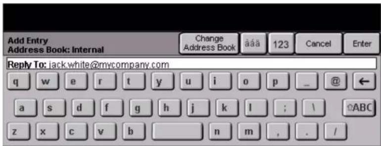 Add Entry Address Book: Internal Change Address Book äää 123 Cancel Enter Reply To: jack.white@mycompany.com q w e r t y u i o p _ @ ← a s d f g h j k l ; \ ABC z x c v b n m , . /