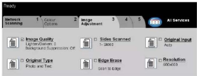 Ready Network Scanning 1 Colour Options 2 Image Adjustment 3 4 5 All Services Image Quality LightervDarken: 0 Background Suppression: Off Sides Scanned 1-Sliced Original Input Auto Original Type Photo and Text Edge Erase Scan to Edge Resolution 600x60.0
