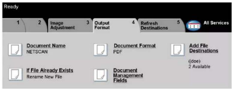 Ready 1 2 XiImage Adjustment 3 Output Format 4 Refresh Destinations 5 All Services Document Name NETSCAN Document Format PDF Add File Destinations If File Already Exists Rename New File Document Management Fields (jdoe) 2 Available