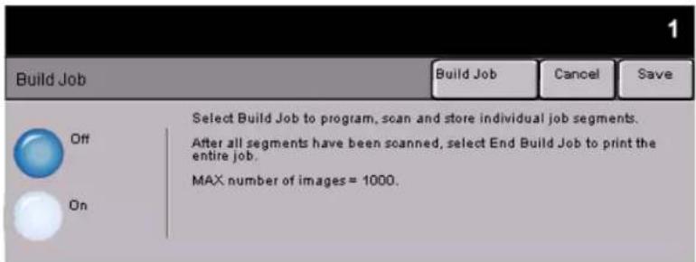 Build Job Build Job Cancel Save Select Build Job to program, scan and store individual job segments. After all segments have been scanned, select End Build Job to print the entire job. MAX number of images = 1000.