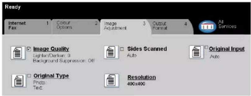 Ready Internet Fax 1 Colour Options 2 Image Adjustment 3 Output Format 4 All Services Image Quality Lightlan/Darken: 0 Background Suppression: Off Sides Scanned Auto Original Input Auto Original Type Photo: Text: Resolution 400x400