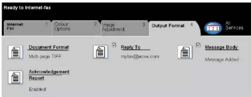 Ready to Internet-fax Internet Fax 1 Colour Options 2 Image Adjustment 3 Output Format 4 All Services Document Format Multi-page TIFF Reply To myfax@xerox.com Message Body Message Added Acknowledgement Report Enabled