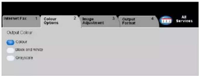 Internet Fax 1 Colour Options 2 Image Adjustment 3 Output Format 4 All Services Output Colour Colour Black and White Grayscale