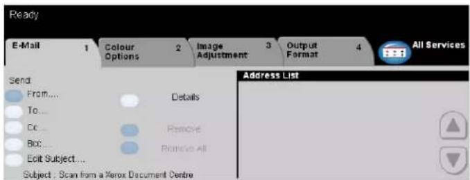 Ready E-Mail 1 Colour Options 2 Image Adjustment 3 Output Format 4 All Services Send From... To... Cc... Bcc... Edit Subject... Details Remove Remove All Address List Subject: Scan from a Xerox Document Centre