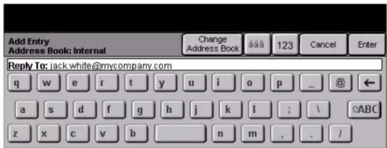 Add Entry Address Book: Internal Change Address Book äää 123 Cancel Enter Reply To: jack.white@mycompany.com q w e r t y u i o p _ @ ← a s d f g h j k l ; \ ABC z x c v b n m . . /