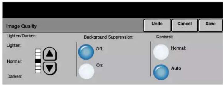 Image Quality Lighten/Darken: Lighten: Normal: Darken: Background Suppression: Off: On: Contrast: Normal: Auto Undo Cancel Save