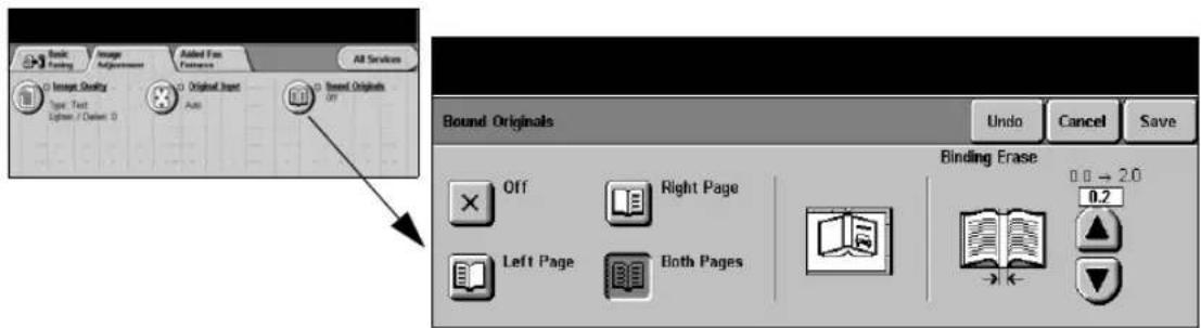 Book Fasting Image Adjustments Added Fox Features All Services 0 Image Quality Type: Text Options / Options 0 0 Original Input Auto 0 Bound Originals Off Bound Originals Undo Cancel Save Binding Erase 0.0 → 2.0 0.2 Off Right Page Left Page Both Pages