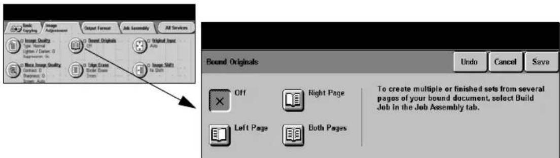 Basic Copying Image Ajustment Output Format Job Assembly All Services Image Quality Type: Normal Lighting / Darling: 0 Suppression: 0 Image Quality Contract: 0 Package: 0 Image Auto Image Originals On Original Joint Auto Image Frame Order Frame Drawn Image Shift To Shift Bound Originals Undo Cancel Save Off Right Page To create multiple or finished sets from several pages of your bound document, select Build Job in the Job Assembly tab. Left Page Both Pages