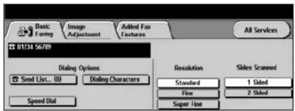 Basic Faring Image Adjustment Added Fax Features All Services 01734 56789 Dialing Options Send List... (0) Dialing Characters Resolution Standard 1 Sided Fine 2 Sided Super Fine Speed Dial