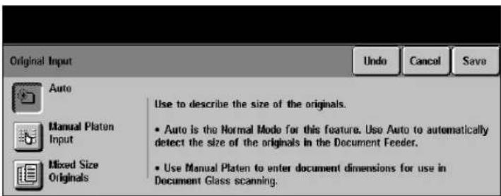 Original Input Auto Manual Platen Input Mixed Size Originals Use to describe the size of the originals. • Auto is the Normal Mode for this feature. Use Auto to automatically detect the size of the originals in the Document Feeder. • Use Manual Platen to enter document dimensions for use in Document Glass scanning.