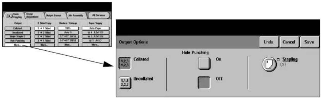 Basic Copying Image Adjustment Output Format Job Assembly All Services Output 2 Sided Copy Reduce / Reduce Paper Supply Collected 1 + 1 Sided 10% Auto Paper Encircled 1 + 2 Sided Auto %: 17°+1° 04/12 30 3.5x112 Single Script 2 2 + 3 Sided 14°+1° 09/12 30 3.5x112 Print Punching 2 + 3 Sided 14°+1° 09/12 30 3.5x112 More... More... More... More... Output Options Undo Cancel Save Hole Punching 1,2,3 1,2,3 On □ Stapling Off Uncollated 1,1,1 2,2,2 Off