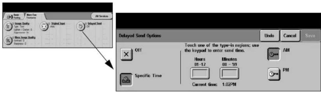 Basic Facing Share Time Transitions All Services Image Quality Type: Text English / Dashed: 0 Suppression: 0 None Image Quality Contract: 0 Appearance: 0 Original Input Auto Delayed Sound Off Delayed Sound Options Undo Cancel Save Off Touch one of the type-in regions; use the keypad to enter send time. AM Hours 01-12 Minutes 00 - 59 Specific Time Current time: 1:02PM PM