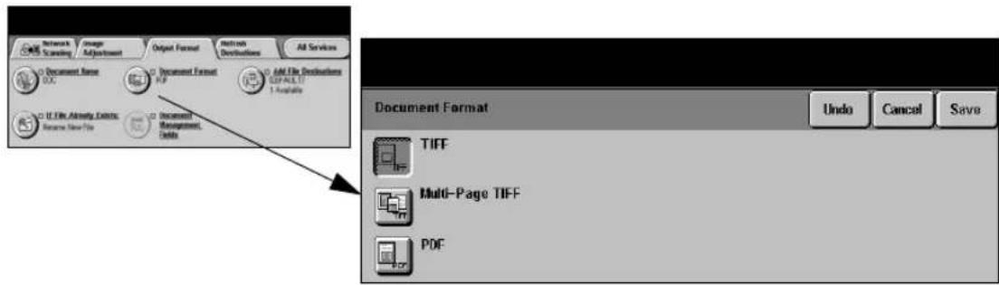 Network Scanning Image Adjustment Output Format Network Distributions All Services Document Name DOC Document Format PDF Add File Distributions ECPALUT 1 Available U. File Active Details Resource New File Document Management Details Document Format Undo Cancel Save TIFF Multi-Page TIFF PDF