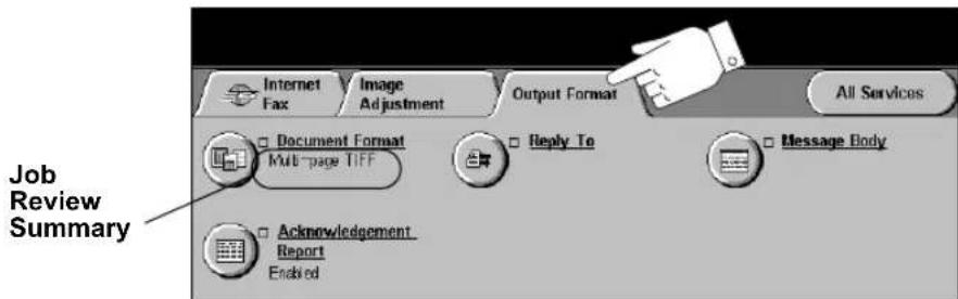 Job Review Summary Internet Fax Image Adjustment Output Format All Services Document Format Multi-page TIFF Reply To Message Body Acknowledgement Report Enabled