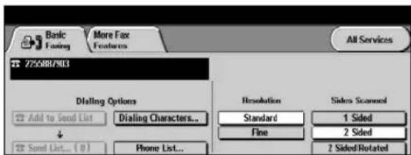 Basic Fasting More Fax Features All Services 755881/903 Dialing Options Add to Send List Dialing Characters... Send List... (0) Phone List... Resolution Standard Fine Siders Scannel 1 Sided 2 Sided 2 Sided Rotated