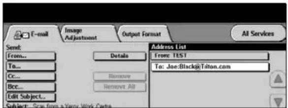 E-mail Image Adjustment Output Format All Services Send: From... To... Cc... Bcc... Edit Subject... Details Remove Remove All Address List From: TEST To: Joe:Black@Tilton.com Subject: Snap from a Vane Work Center