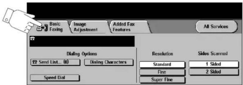 Basic Faxing Image Adjustment Added Fax Features All Services Dialing Options Send List... (0) Dialing Characters Speed Dial Resolution Standard Fine Super Fine Sides Scanned 1 Sided 2 Sided