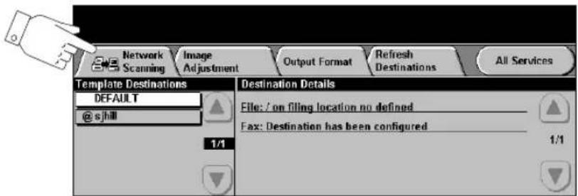 Network Scanning Image Adjustment Output Format Refresh Destinations All Services Template Destinations DEFAULT @sjhll Destination Details File: / on filing location no defined Fax: Destination has been configured 1/1 1/1