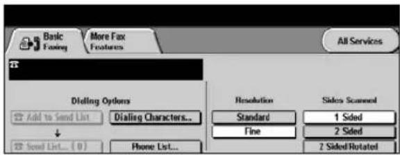 Basic Fasting More Fax Features All Services Dialing Options Add to Send List Dialing Characters... Send List... ( 0 ) Phone List... Resolution Standard Fine Sides Scanned 1 Sided 2 Sided 2 Sided Rotated