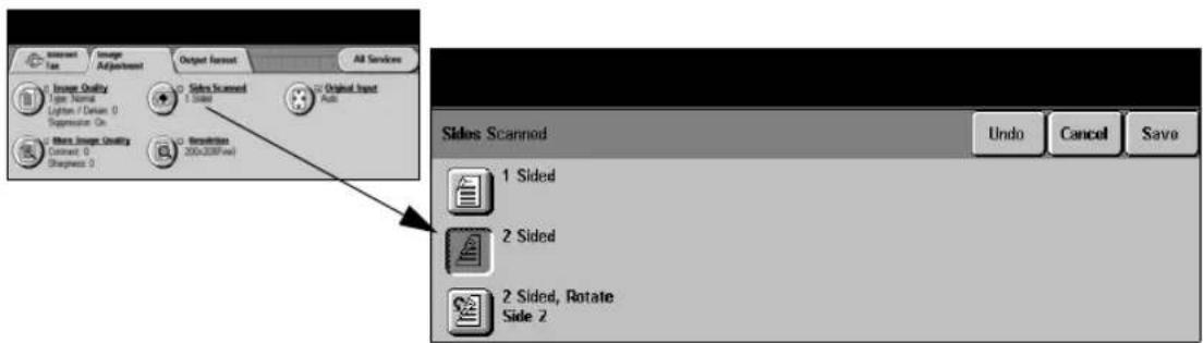Internet Fax Image Adjustment Output format All Services 0 Image Quality Type: Normal Lighter / DNAM 0 Suppression On 0 More Image Quality Connect: 0 Sharpness: 0 Sides Scanned 1 Sided Original Input Auto Sides Scanned Undo Cancel Save 1 Sided 2 Sided 2 Sided, Rotate Side 2
