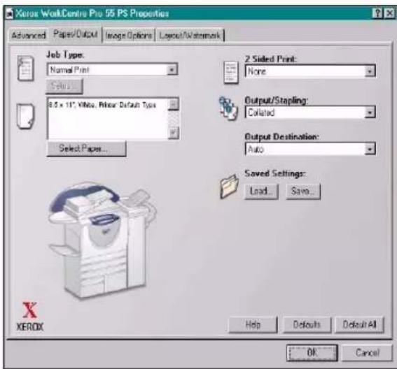 Xerox WorkCentre Pro 55 PS Properties Advanced Paper/DICXM Image Options Layout/Watermark Job Types: Normal Print Select... 8.5 x 11" White, Prefer Default Type Select Papers... 2 Sided Print: None Output/Stamping: Colated Output Destination: Auto Saved Settings: Load... Save... Help Defaults Default All OK Cancel X XEROX